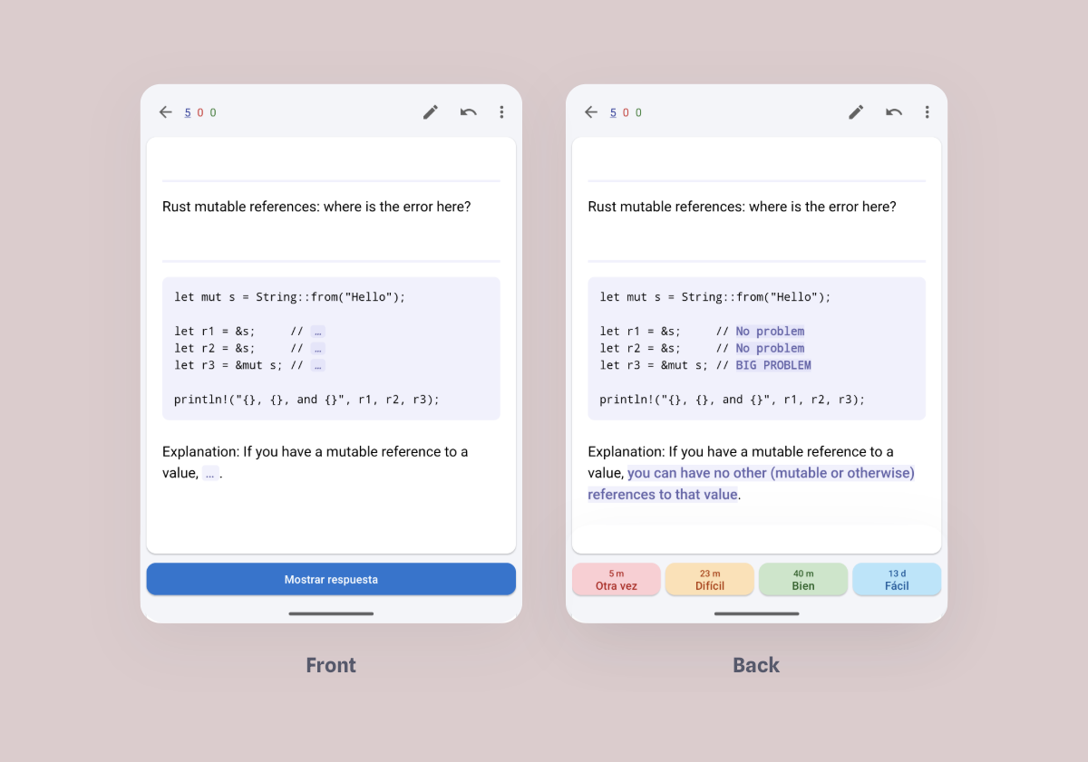 Split-screen flashcard: left shows Rust mutable reference question with blanks, right shows answers and Anki review buttons