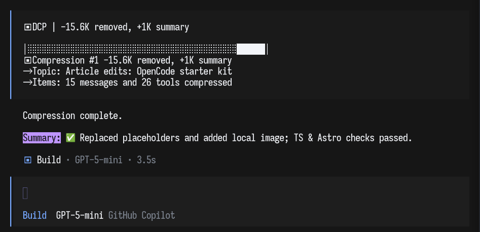 Screenshot of the OpenCode Dynamic Context Pruning plugin in use