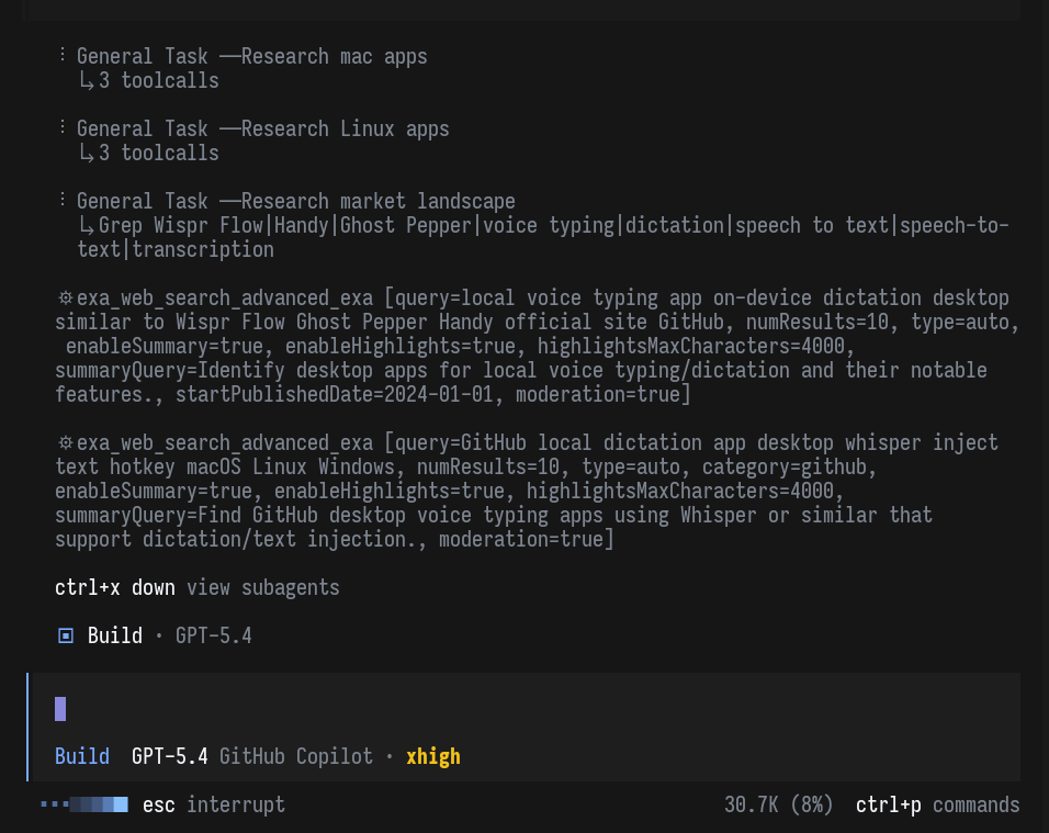 Screenshot of OpenCode using Exa-powered web research with multiple subagents